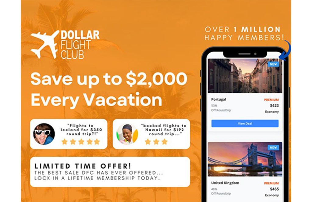 Orange promo image for Dollar Flight Club featuring smartphone UI. 