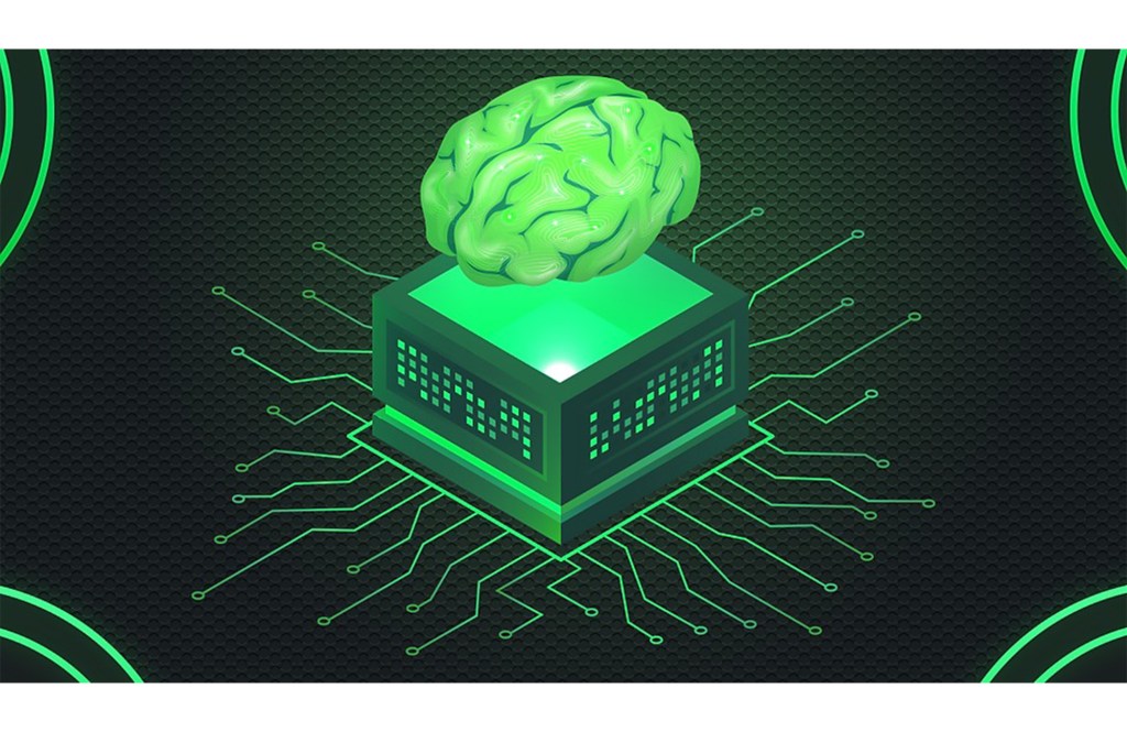 A brain connected to a computer. 