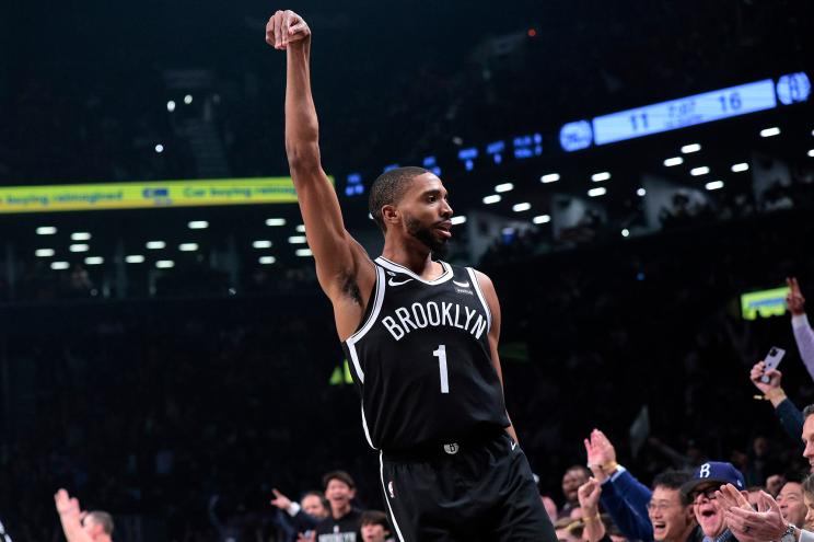 Mikal Bridges reacts after hitting a 3-point during a Nets playoff loss to the 76ers.