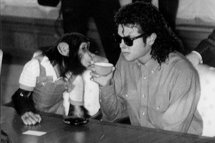 Singer Michael Jackson enjoys a cup of tea with his pet Bubbles at Osaka City Mayoral Hall on September 18, 1987 in Osaka, Japan.