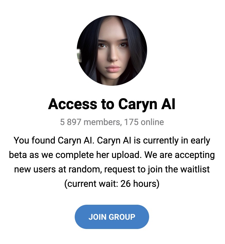 The Telegram page where users can access CarynAI.