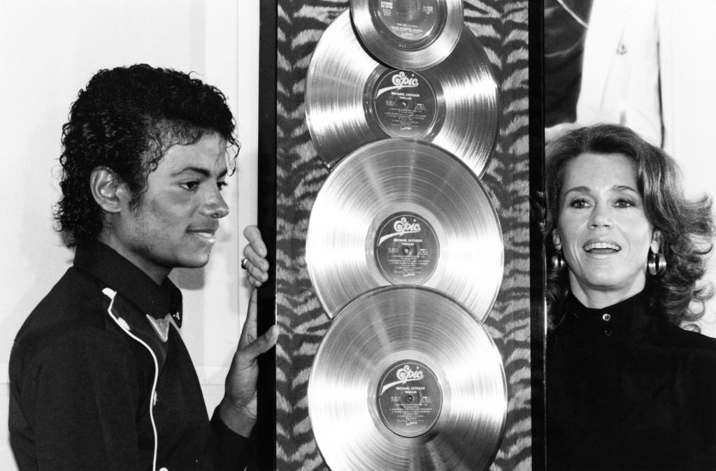 Michael Jackson 1983 presented with the first Triple Platimum awards for the multi-platinum 'Thriller" album by Jane Fonda.