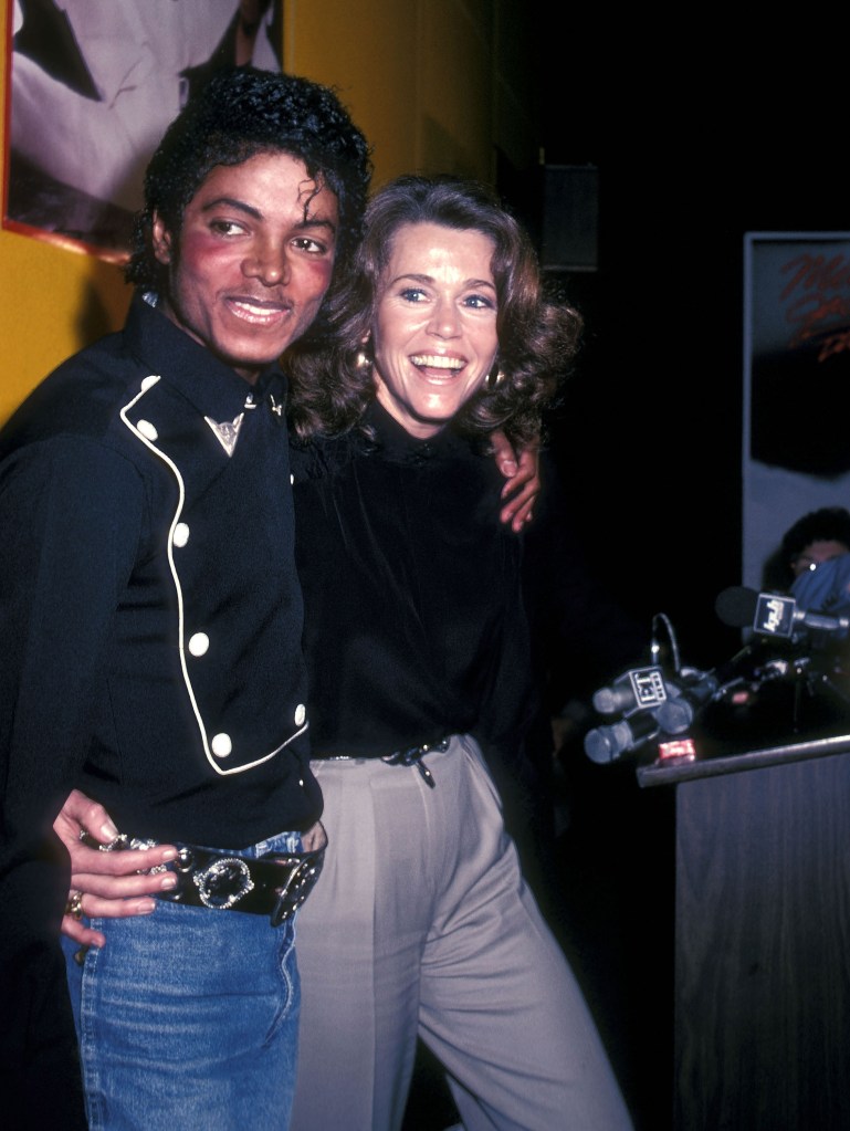 Michael Jackson and actress Jane Fonda attend the Presentation of Michael Jackson's "Thriller" Album Certified Platinum on February 25, 1983