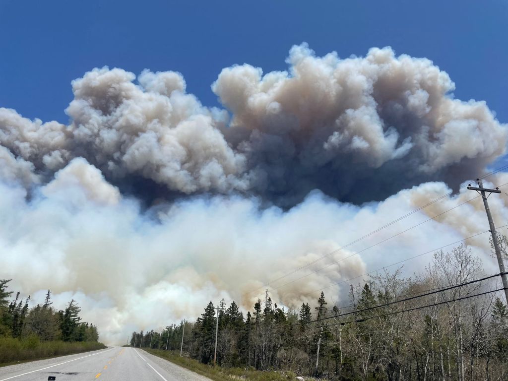 Smoke rises from a wildfire near Barrington Lake in Nova Scotia's Shelburne County.