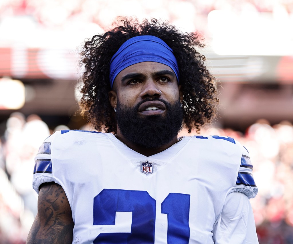 Cowboys running back Ezekiel Elliott looks on during the national anthem prior to an NFL divisional round playoff game against the San Francisco 49ers at Levi's Stadium on Jan. 22, 2023 in Santa Clara, California.  