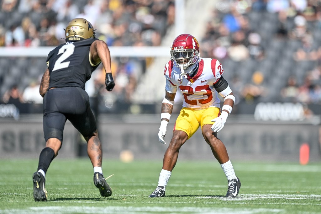 Cornerback Joshua Jackson Jr. #23 of the USC Trojans lines up