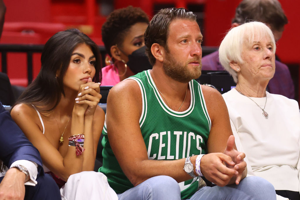 Dave Portnoy and girlfriend Silvana Mojica attend Celtics-Heat playoff game.