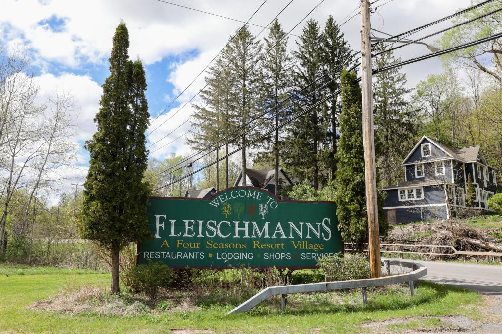 A Fleischmanns sign nestled between trees.