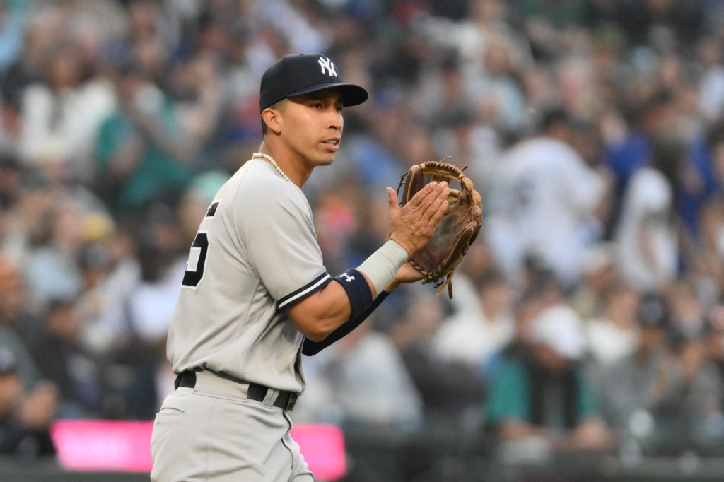 Oswaldo Cabrera at third base for the Yankees against the Mariners on May 29, 2023.