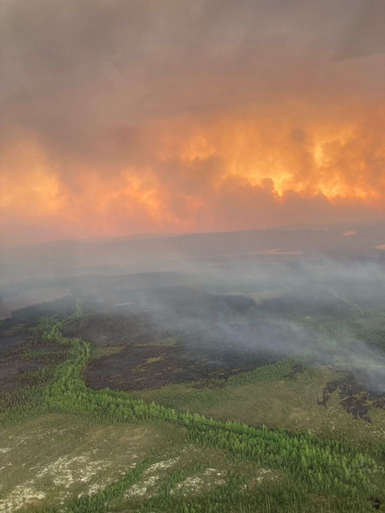 An aerial view of wildfires between Chibougamau and the Mistissini Indigenous community in northern Quebec on Tuesday.