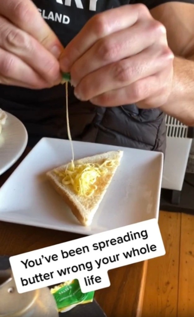 Sharpe's boyfriend squeezes the noodle-like butter strands over his toast.