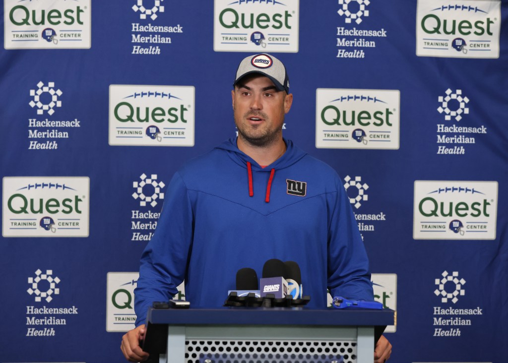 Mike Kafka speaks to the media before Giants practice was cancelled on June 8.