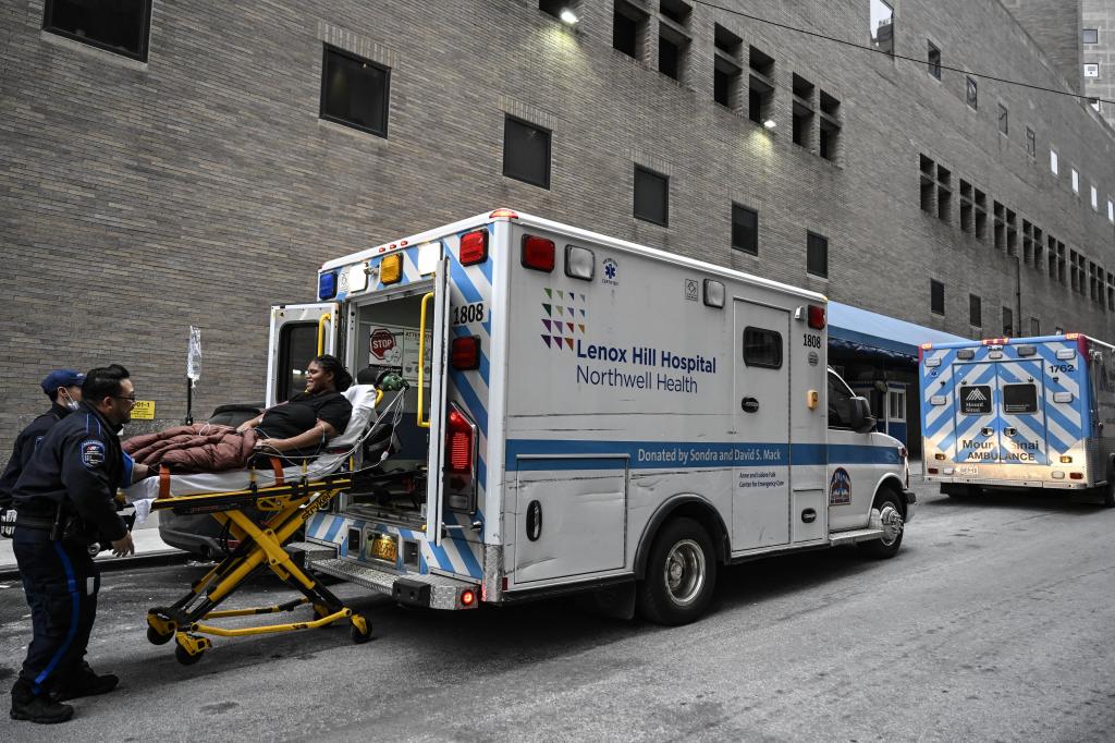 Health care workers carry a patient with a stretcher