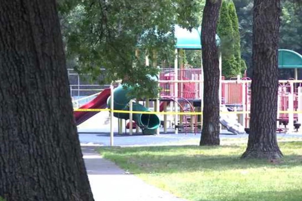 Crime tape seen around the playground at Bliss Park in Longmeadow, Massachusetts