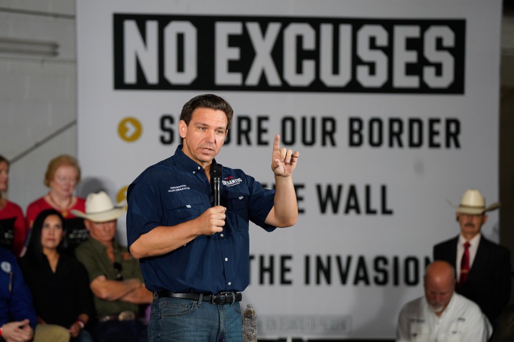 DeSantis spoke before a crowd of about 100 in Eagle Pass, Texas Monday.