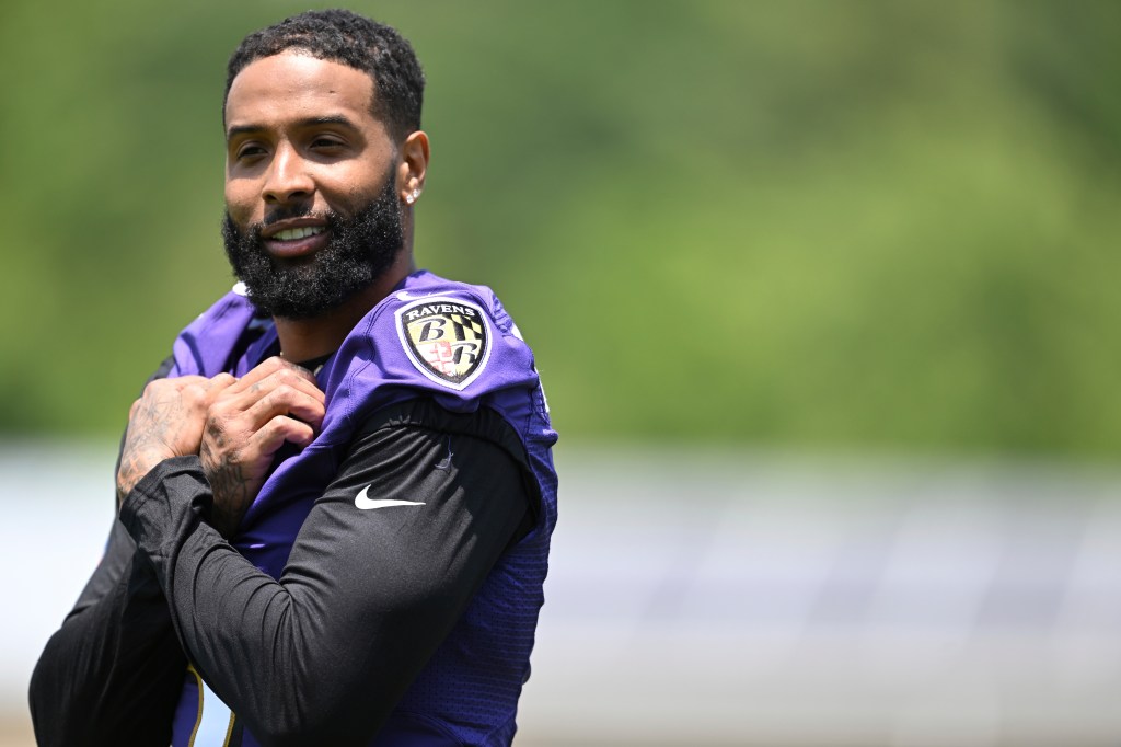 Baltimore Ravens wide receiver Odell Beckham Jr. works out during mandatory NFL football mini camp Tuesday, June 13, 2023