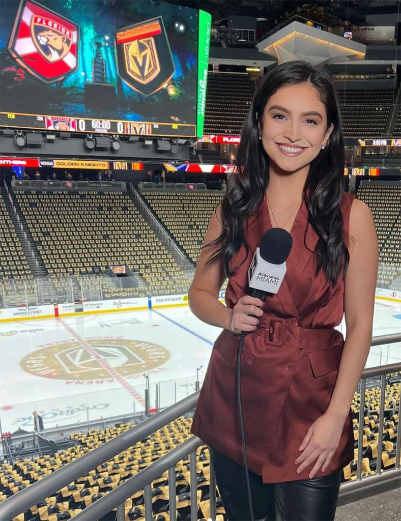 CBS Miami sports reporter Samantha Rivera during Game 2 of the Stanley Cup Finals at T-Mobile Arena on June 5, 2023.