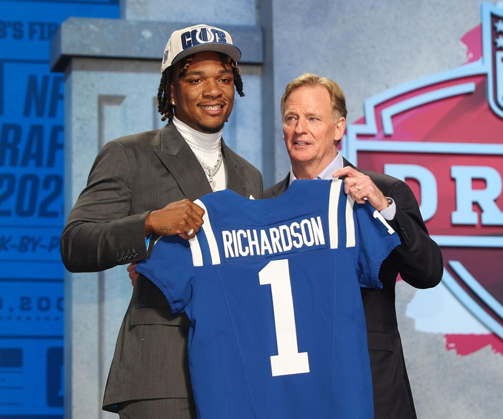 Florida quarterback Anthony Richardson with commissioner Roger Goodell after being drafted in the first round of the NFL Draft Red Carpet event on April 27, 2023 at Union Station in Kansas City, MO.