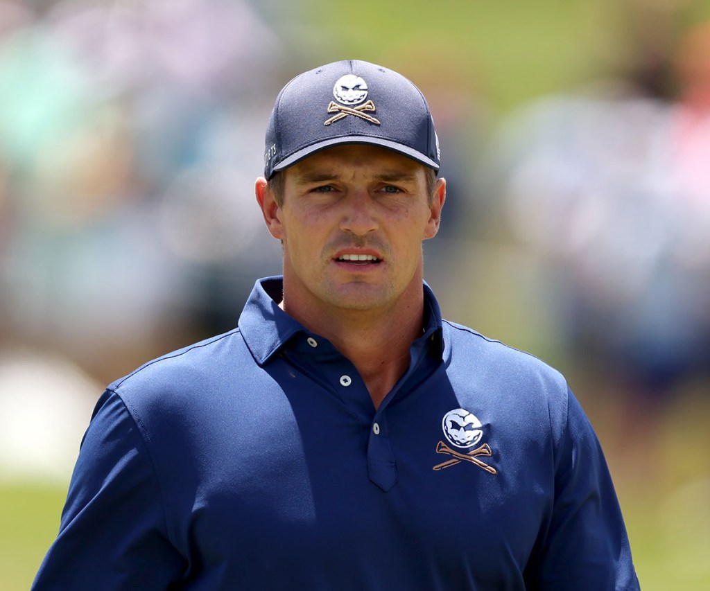 Bryson DeChambeau of Crushers GC looks on at the second green during day one of the LIV Golf Invitational - DC at Trump National Golf Club on May 26, 2023 in Sterling, Virginia. 