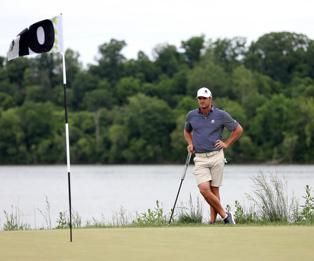 Bryson DeChambeau of Crushers GC waits to putt on the 10th green during day three of the LIV Golf Invitational - DC at Trump National Golf Club on May 28, 2023 in Sterling, Virginia.  