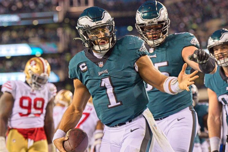 Jalen Hurts celebrates as the Eagles play the 49ers.