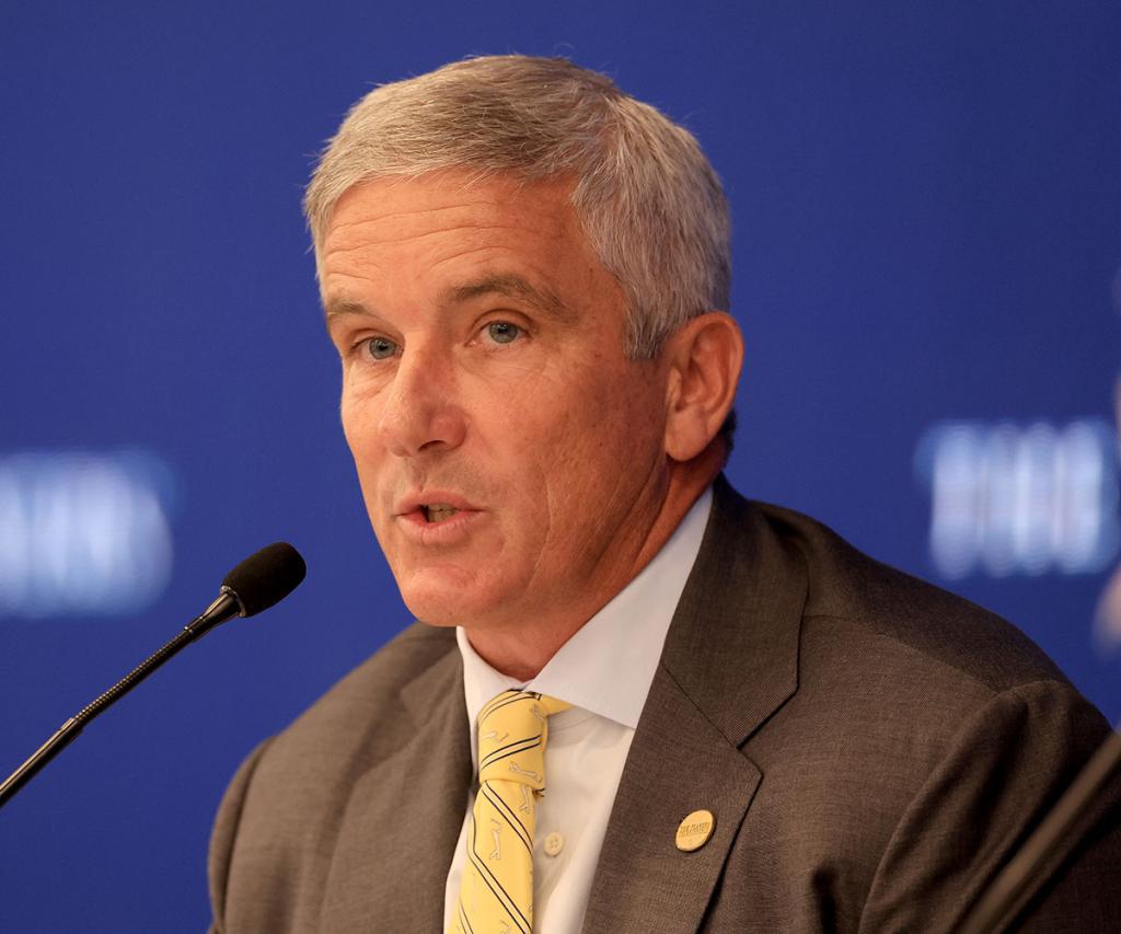 Jay Monahan the Commissioner of The PGA Tour speaks to the media as a preview for THE PLAYERS Championship on THE PLAYERS Stadium Course at TPC Sawgrass on March 7, 2023 in Ponte Vedra Beach, Florida.  