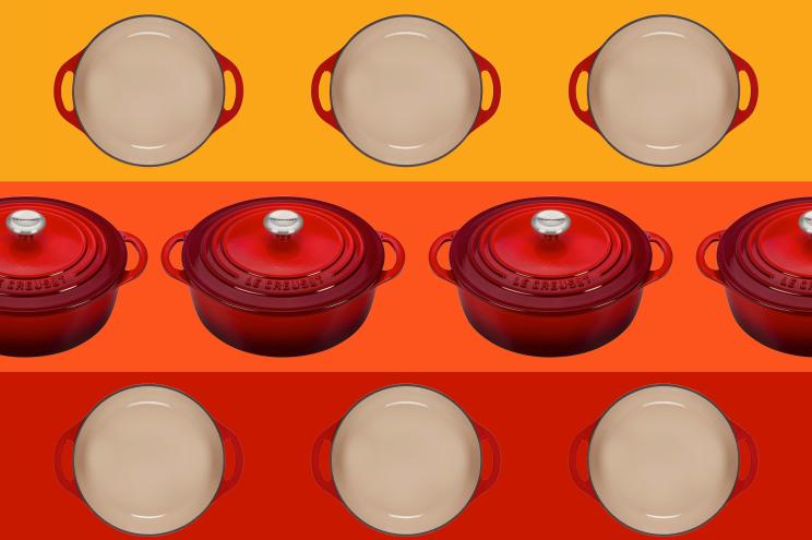 Le Creuset dutch ovens repeat on a red, orange, and yellow striped background.