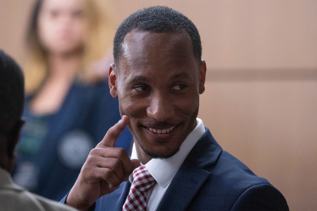 Former Giants receiver Travis Rudolph reacts during his trial on Wednesday.