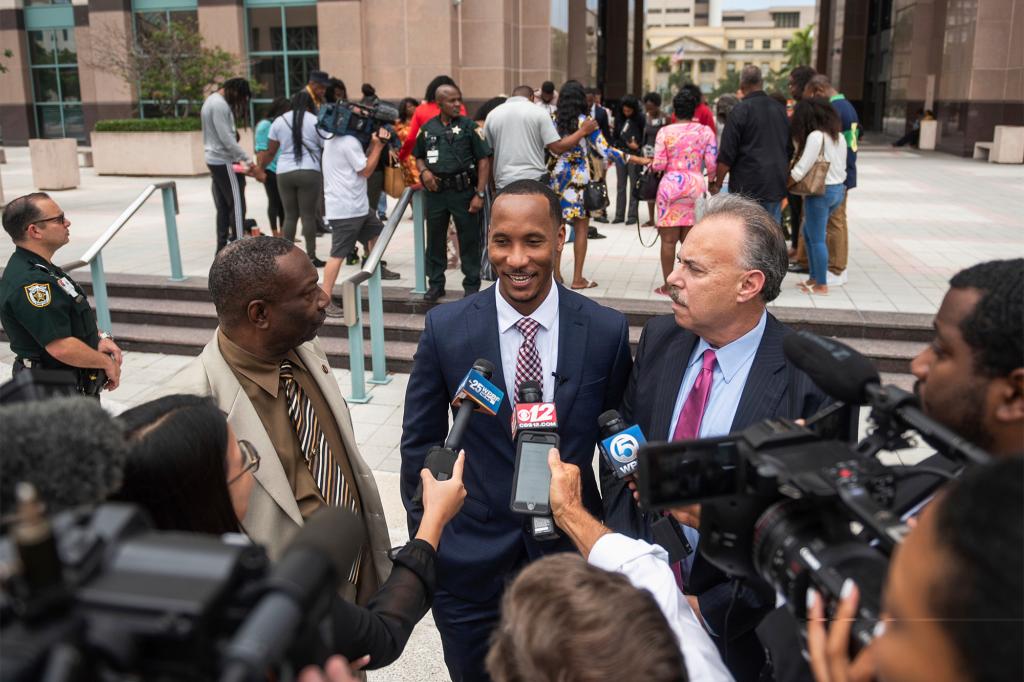 Former Giants receiver Travis Rudolph addresses reporters following the conclusion of his trial Wednesday.