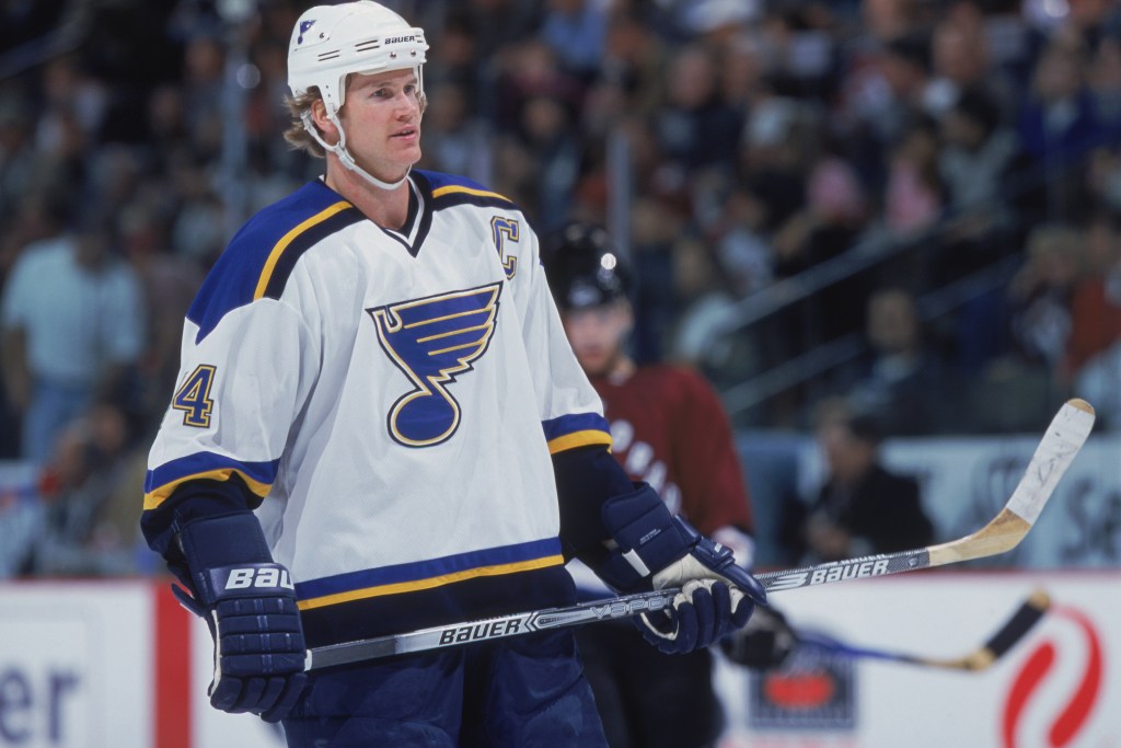 Defenseman Chris Pronger #44 of the St. Louis Blues standing with stick in hand