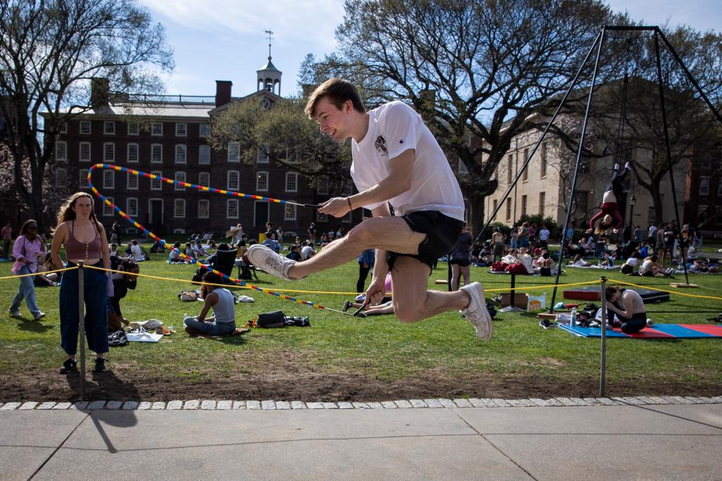 A student jumps rope at Brown University