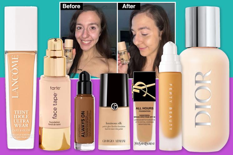 A before and after of a woman wearing foundation with different foundations beneath.