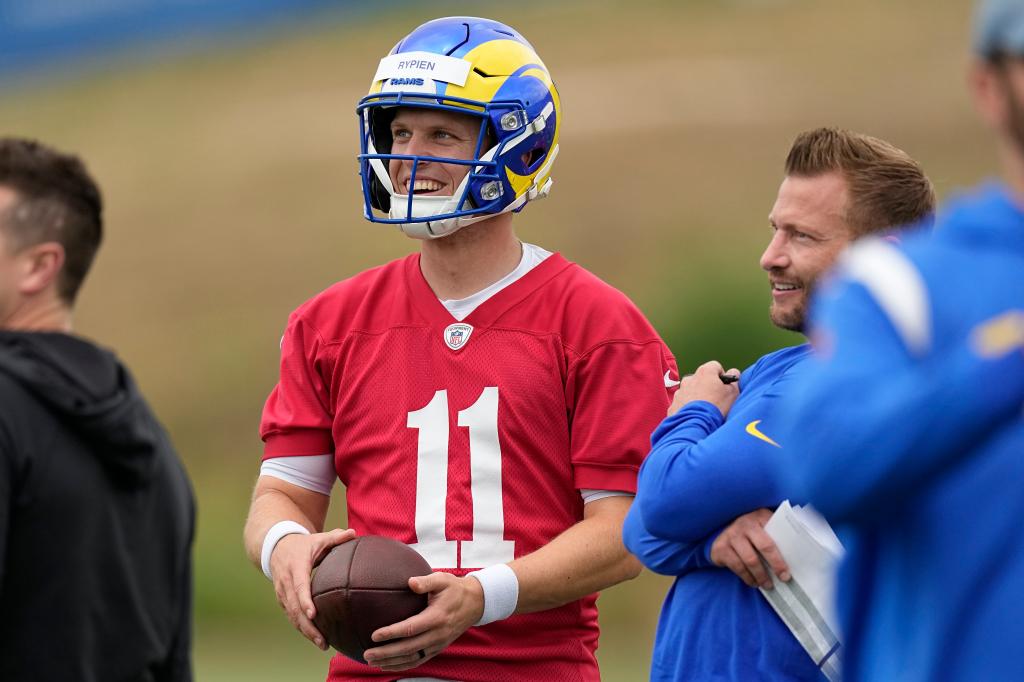 Brett Rypien and Sean McVay at practice.