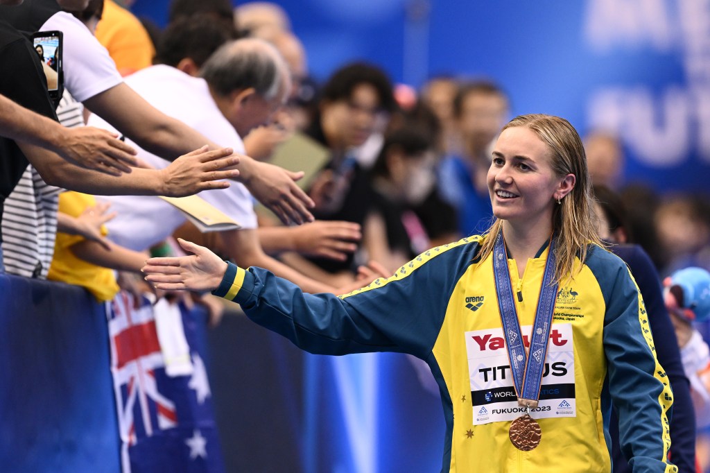 Bronze medallist Ariarne Titmus of Team Australia reacts during the medal ceremony of the Women's 800m Freestyle Final on day seven of the Fukuoka 2023 World Aquatics Championships.