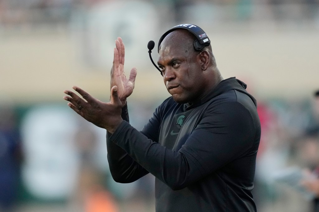 Mel Tucker reacts during Michigan State's win over Central Michigan on Sept. 1. 