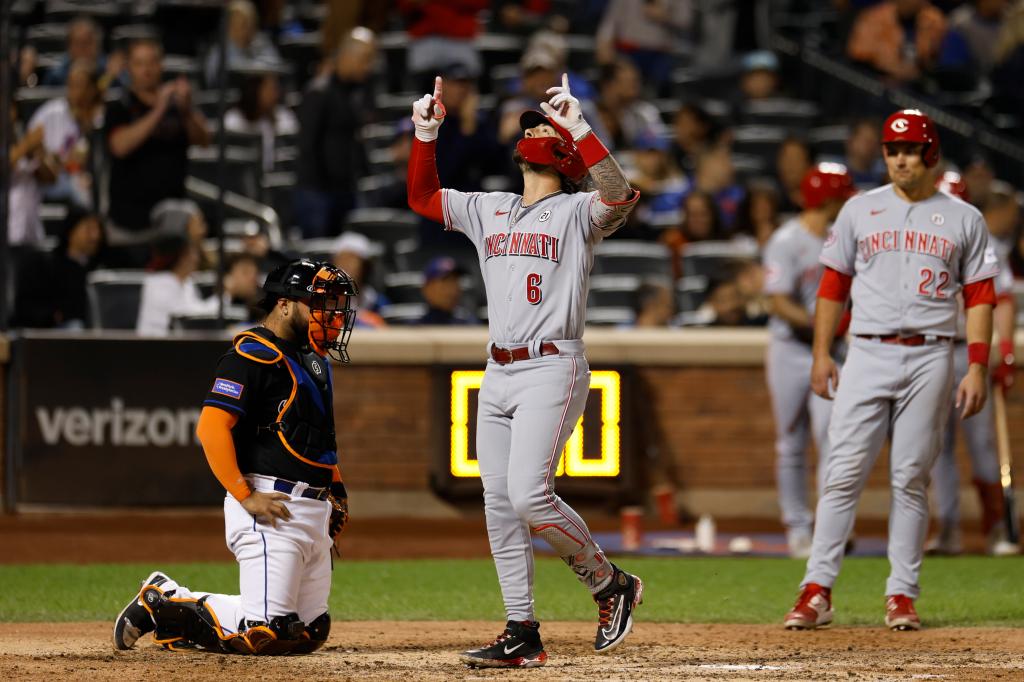 Cincinnati Reds' Jonathan India reacts after scoring on a two-run homer giving the Reds the lead in the 7th inning.