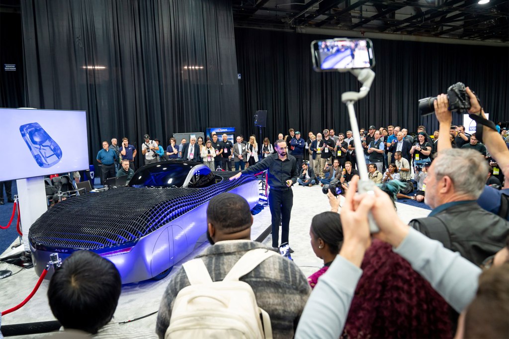 The crowd surrounding the flying car.