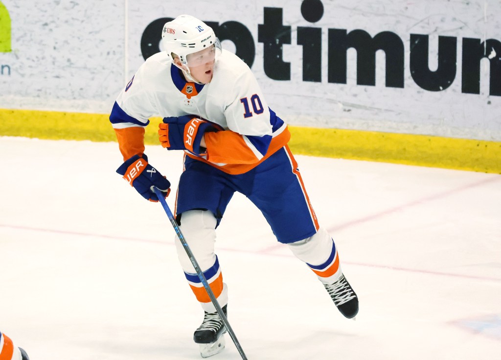 Simon Holmstrom skates during the Islanders' rookie camp.