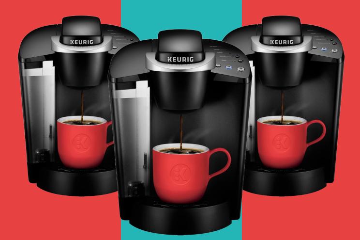 Keurig Coffee Makers repeat on a red and blue background.