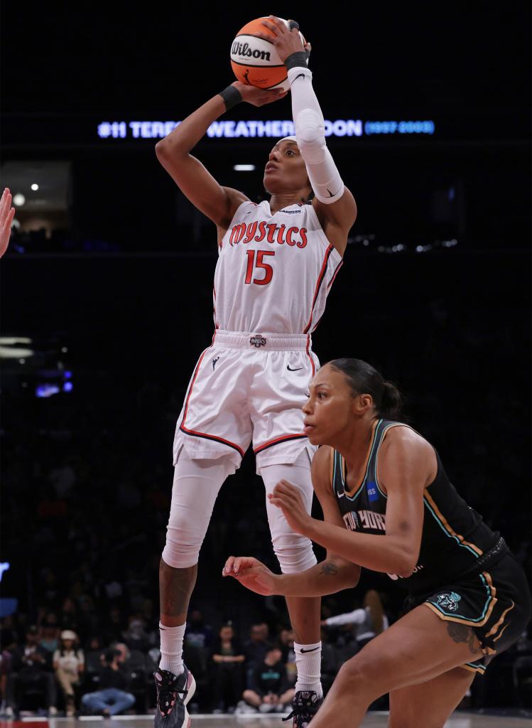 Brittney Sykes (15) of the Washington Mystics shoots the ball during the game against the New York Liberty on Sept. 10, 2023.