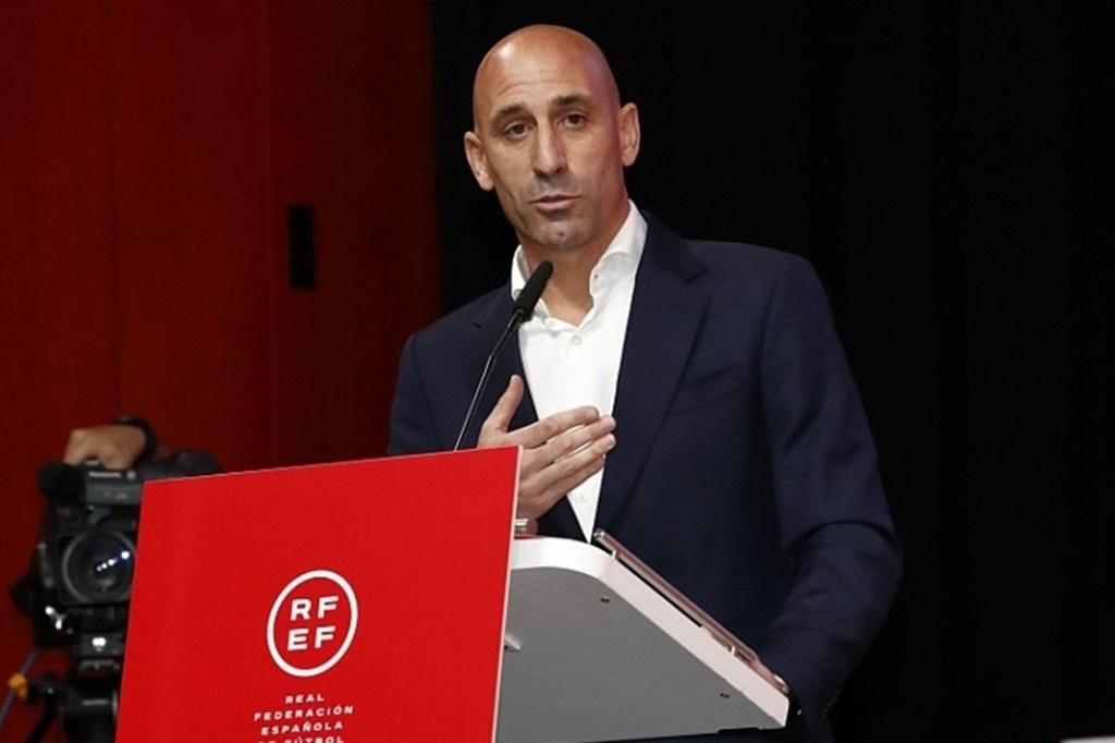 speaks during the extraordinary meeting of the General Assembly of the Spanish Football Federation in Madrid, Spain on August 25, 2023.