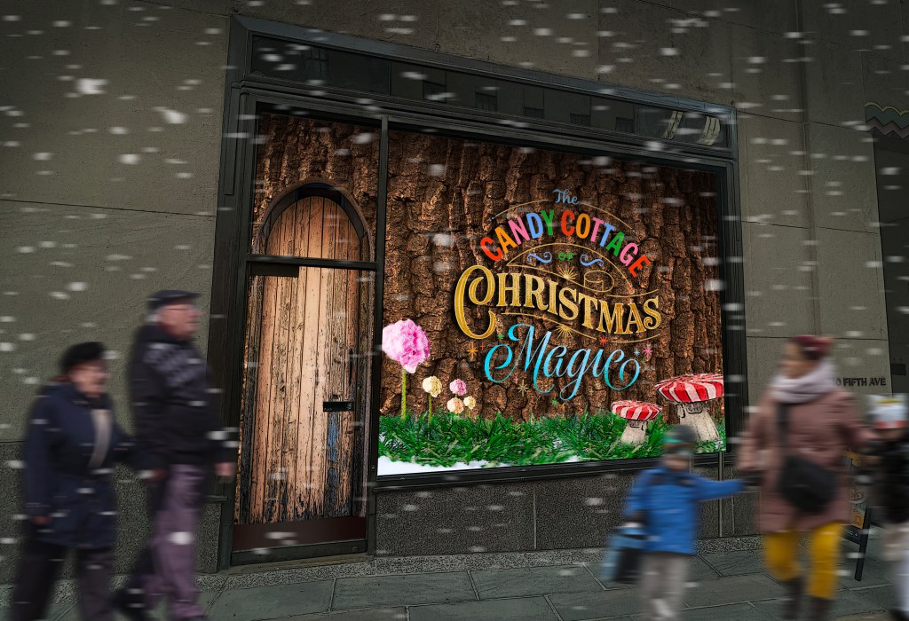 Exterior of a Candy Cottage Christmas Magic pop-up.