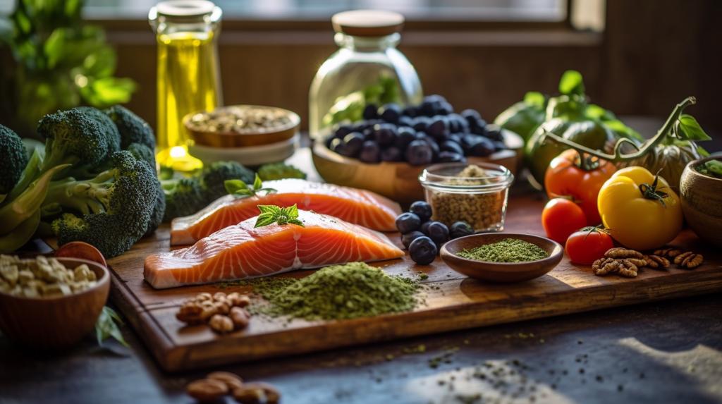 Balanced nutrition concept for clean eating flexitarian mediterranean diet, keto, ketogenic on a wooden kitchen table. Ai Generative