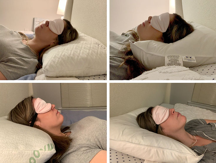 four pictures of a woman sleeping with a sleep mask 