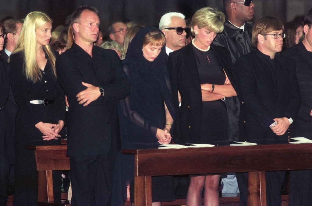 Carolyn Bessette Kennedy (top left at Gianni Versace's funeral with Sting, Trudie Style, Princess Di and Elton John) was a fashion world insider but insisted on having a relatively limited wardrobe. 