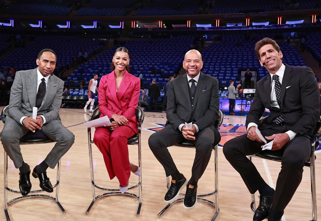 Stephen A. Smith, Malika Andrews, Michael Wilbson and Bob Myers on October 25, 2023 at Madison Square Garden in New York City, New York.   