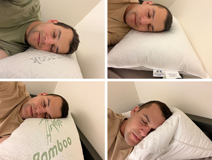 Stinson F. testing out four different pillows 