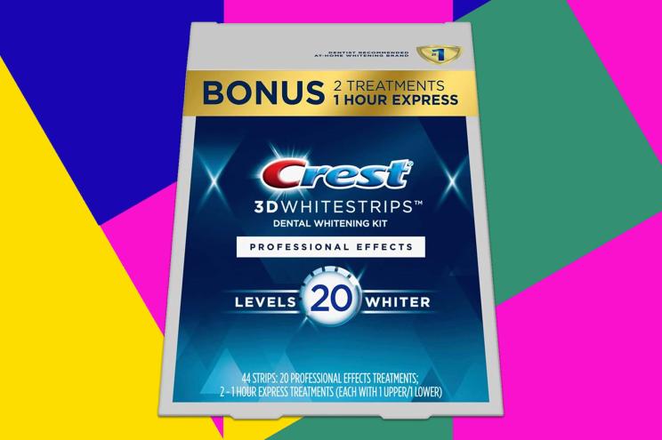 Box of Crest 3D whitestrips on abstract background