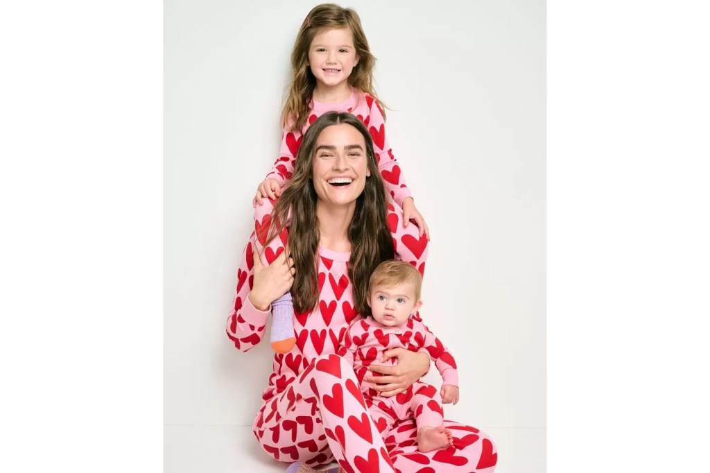 mom with two kids in heart pajamas
