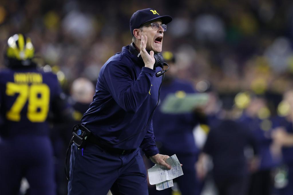 Head coach Jim Harbaugh of the Michigan Wolverines reacts in the fourth quarter against the Washington Huskies during the 2024 CFP National Championship game at NRG Stadium